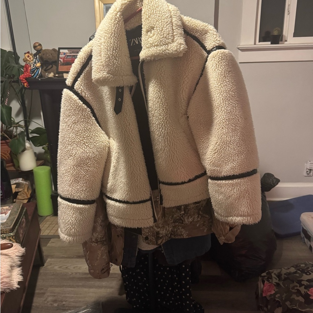 Zara Cream Teddy Jacket with Black Accents